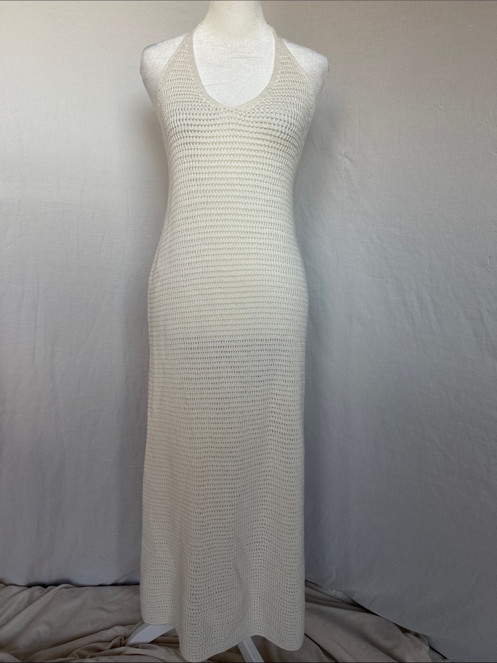 Oysho Cream Open Knit Crochet Maxi Dress Size Xs Beach Coverup